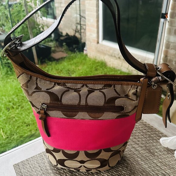 Coach Handbags - Coach Signature Rugby Duffle with Pink Stripe in Khaki